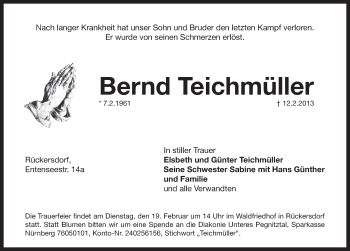 Traueranzeige von Bernd Teichmüller von Pegnitz-Zeitung